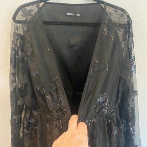 Sequin & lace mini dress with sleeves, low cut